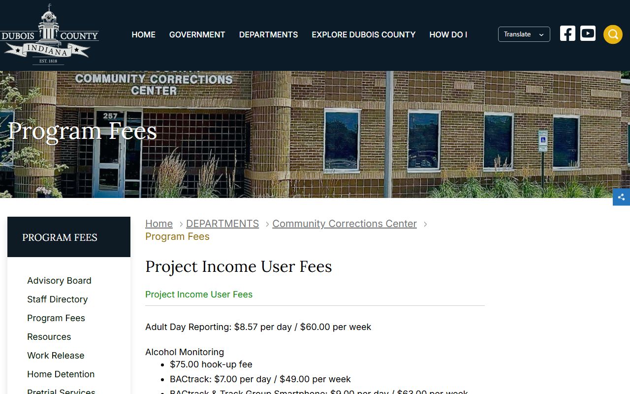 Dubois County arrest records and court charge records Community Corrections fees
