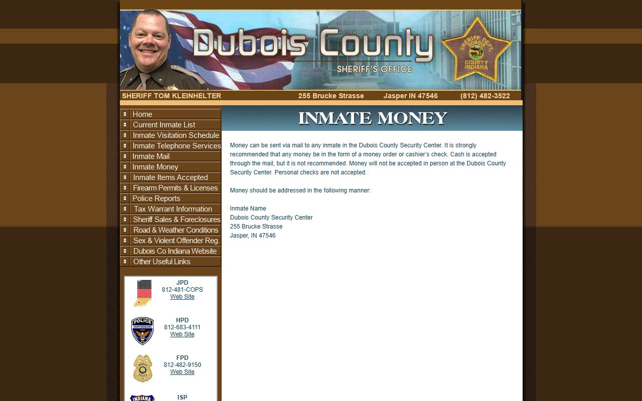 Dubois County inmate records money rules
