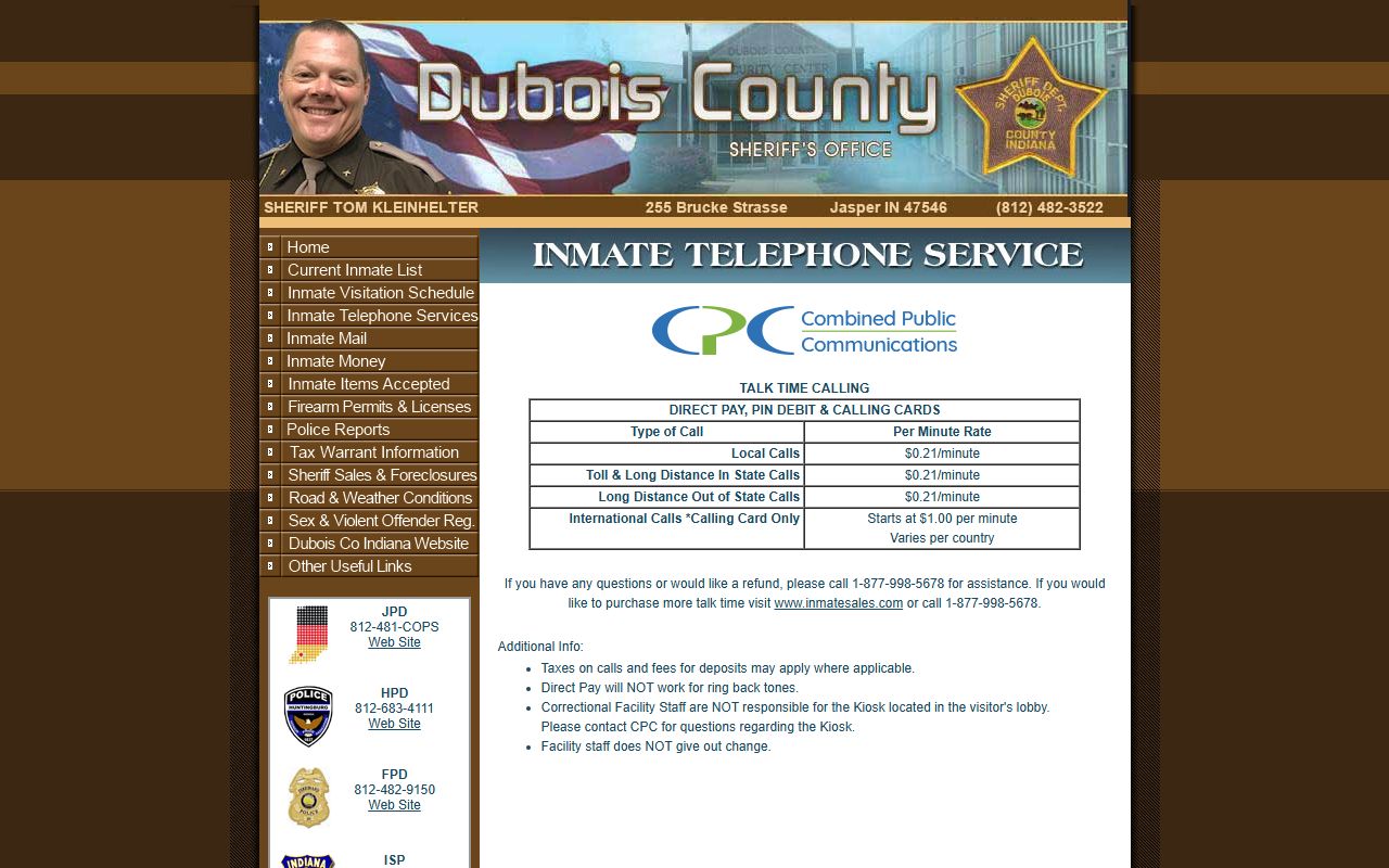Dubois County inmate records telephone service rates